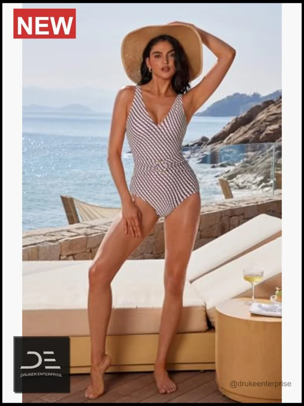 Retro Tummy Control One Piece Swimsuit Metal Ring V Neck Bathing Suit